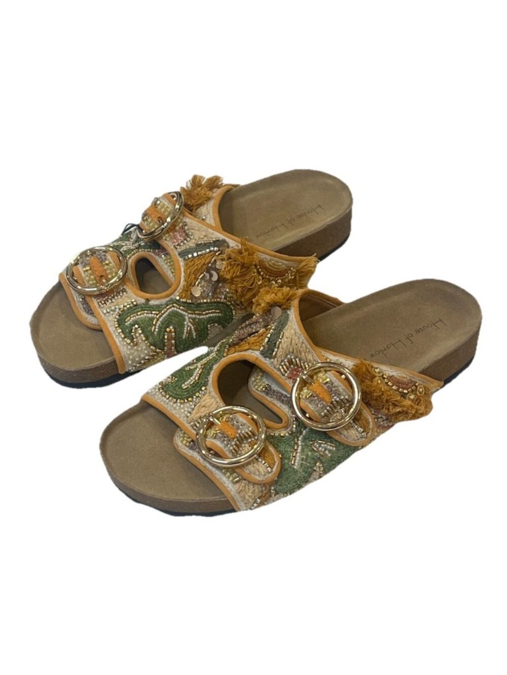 House of Harlow Beaded Slide Sandals Sz 6.5 NWT Leather Footbed Boho